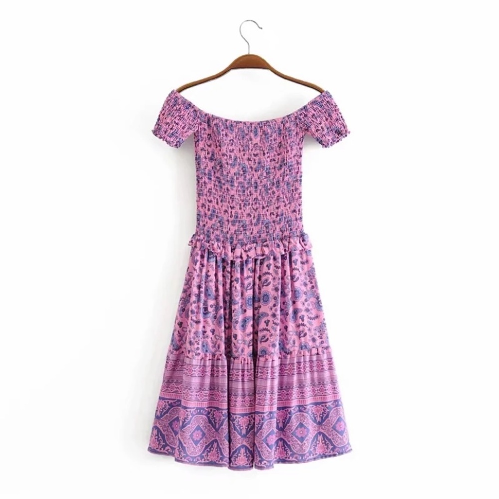 Purple Pink Floral Smocked Boho Off Shoulder Dress - Picture 6 of 8